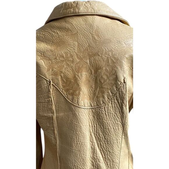 Vtg Santa Fe Leather floral embossed Shirt jacket womens S tan western boho USA - Picture 7 of 16